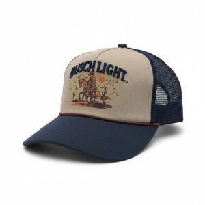 Busch Light Cowboy Trucker Hat Navy Blue Tan Snapback H3 BA95584BSL NWT